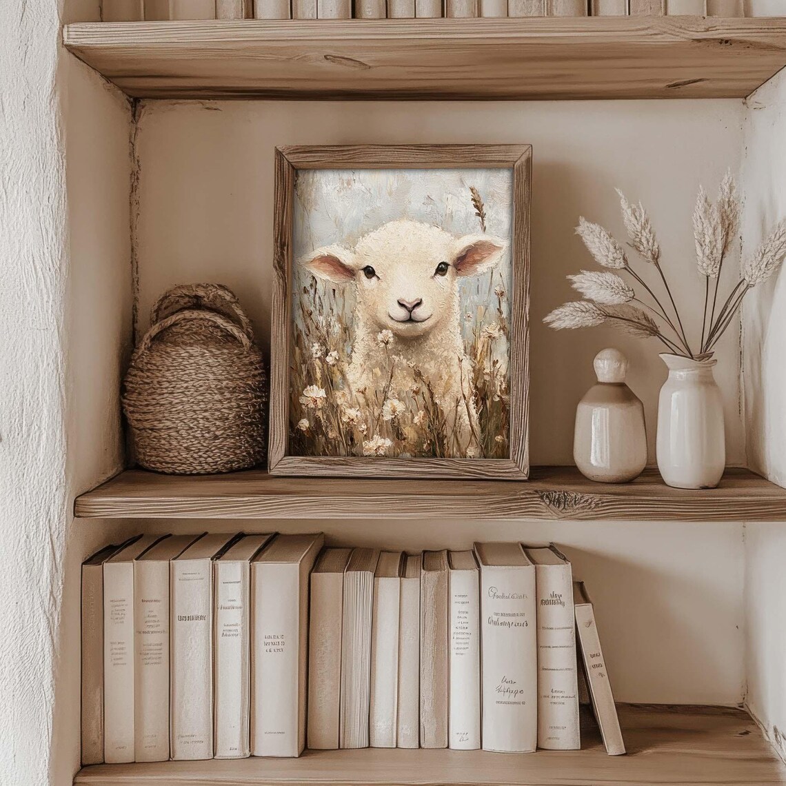 Lamb On Flower Meadow, Vintage Cottage Decor - Image 3