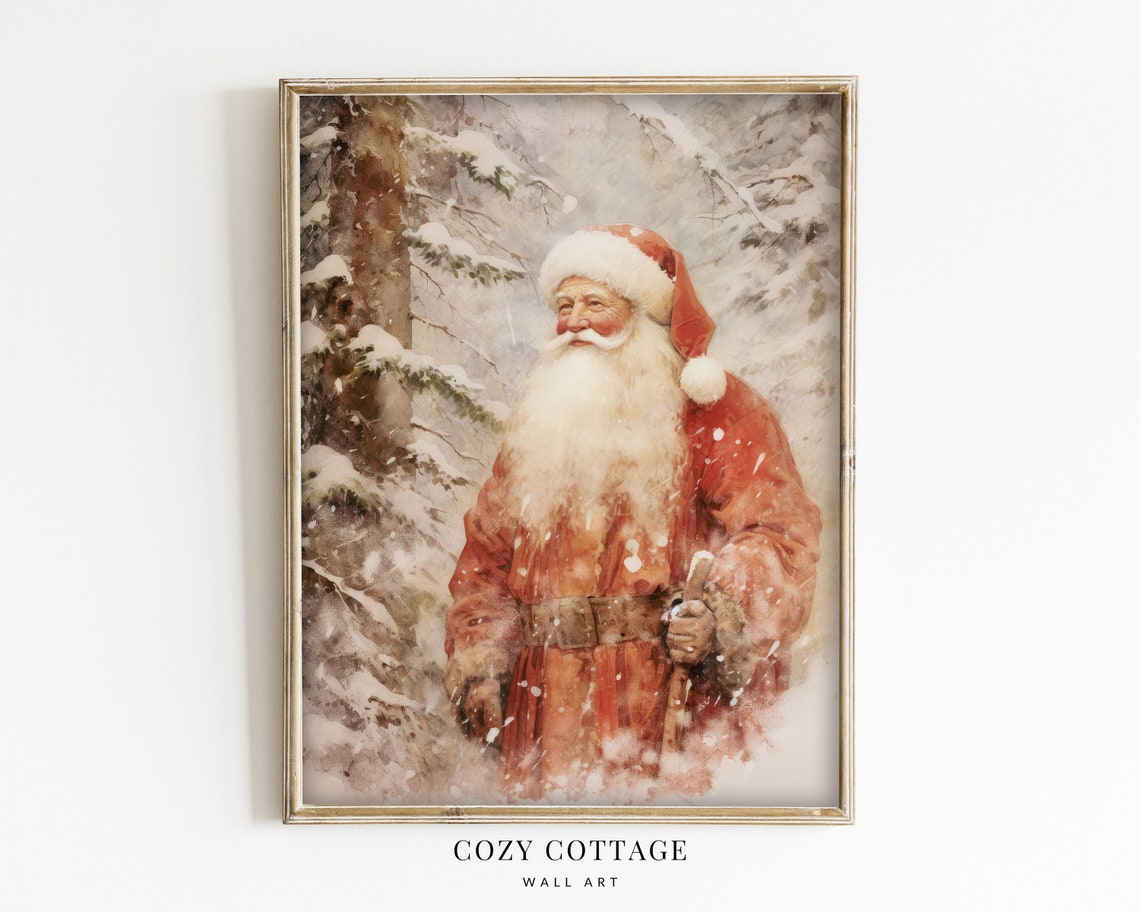 Santa In Winter Forest Vintage Style Art Print