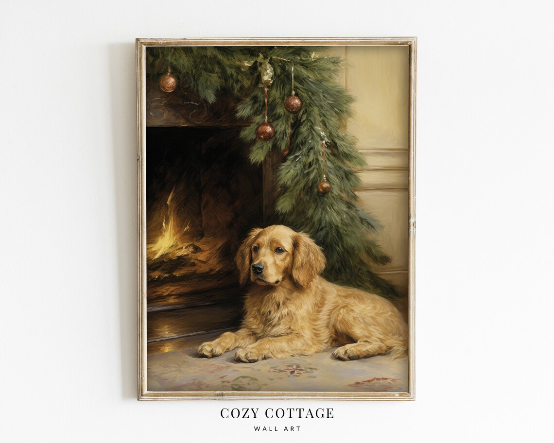 Dog In Front Of The Fireplace, Vintage Style Painting