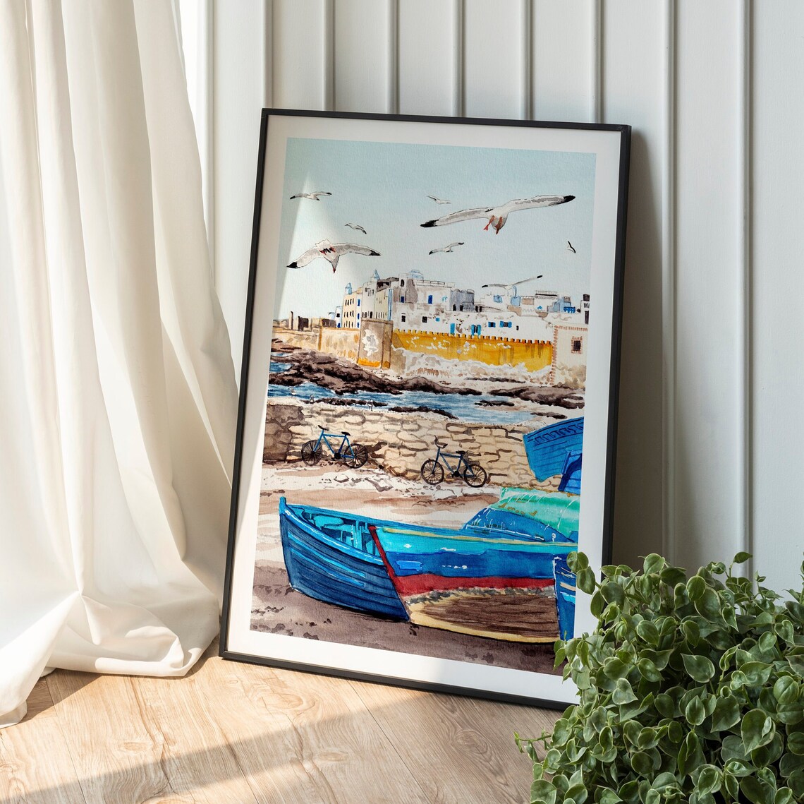 Essaouira Harbor Blue Fishing Boats Seagulls Morocco Watercolor Poster - Image 2