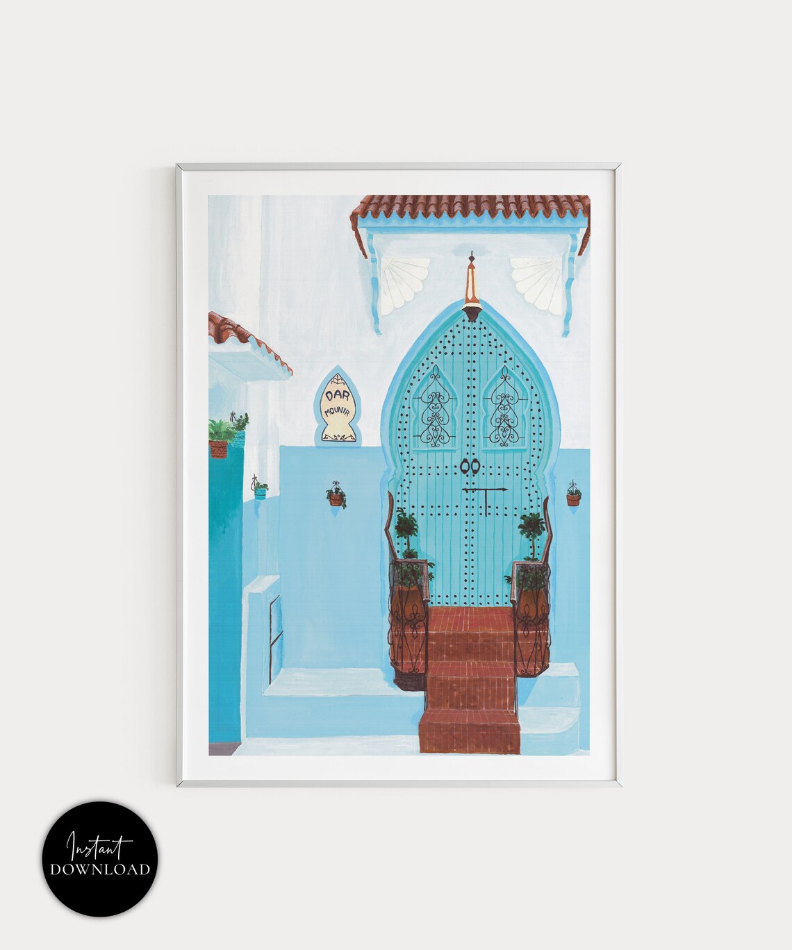 Chefchaouen Blue City Ornate Door Morocco Watercolor Travel Poster
