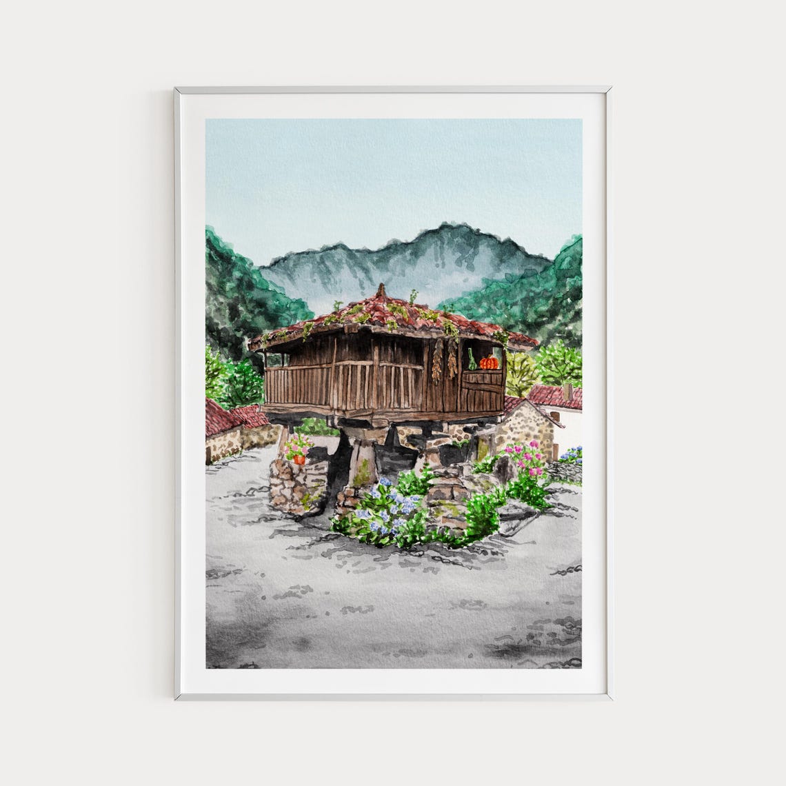 Asturias Spain Wooden Hórreo Granary Mountain Watercolor Poster