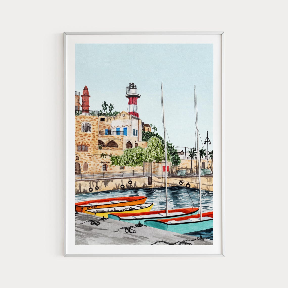Tel Aviv Old Jaffa Port Watercolor Lighthouse Boats Scene Poster