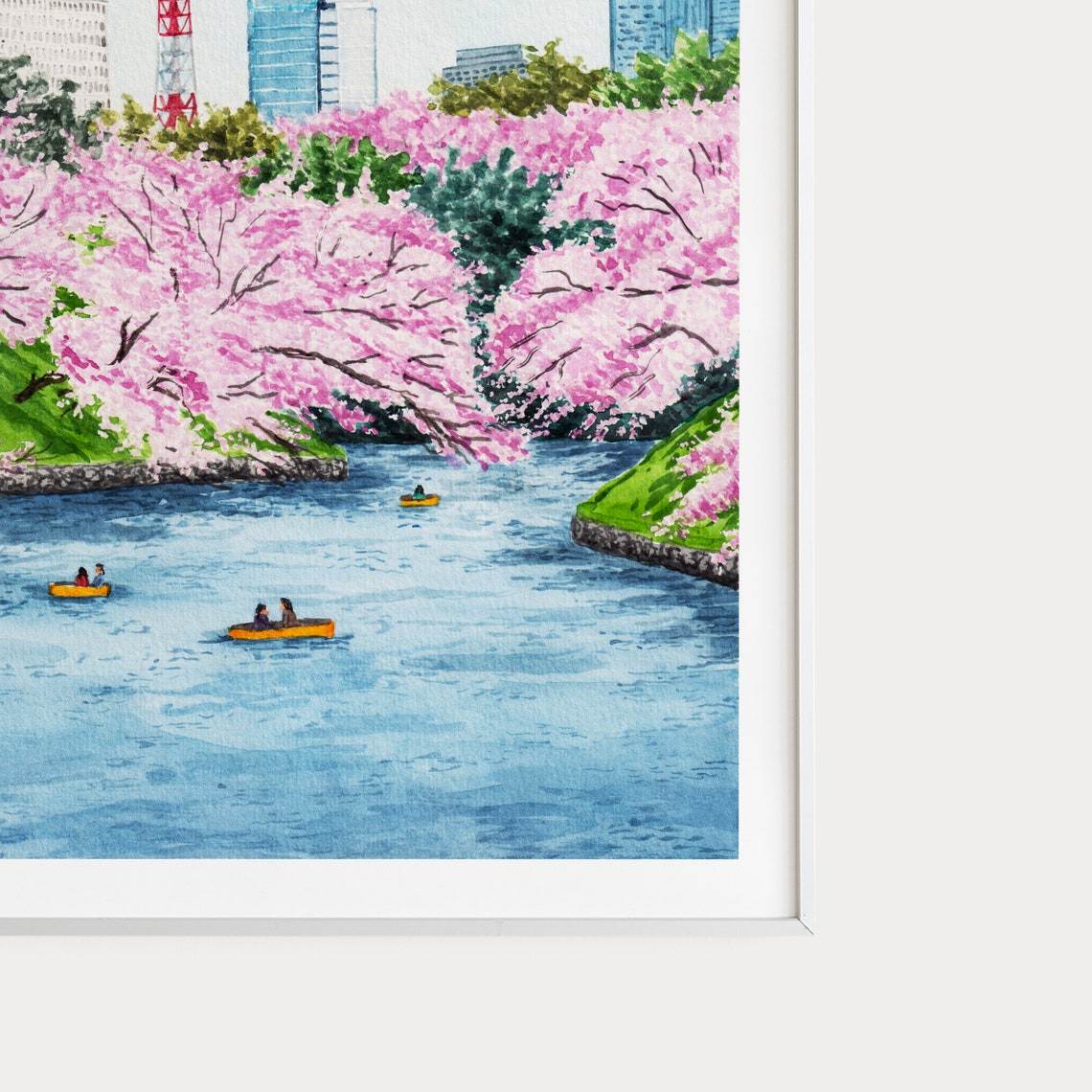 Tokyo Tower Cherry Blossom Season Moat Boats Watercolor Poster - Image 2