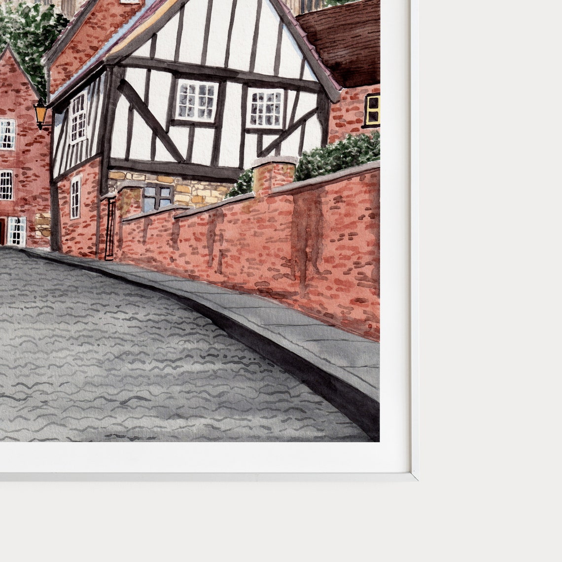Lincoln England Cathedral Half Timbered Lane Watercolor Poster - Image 2