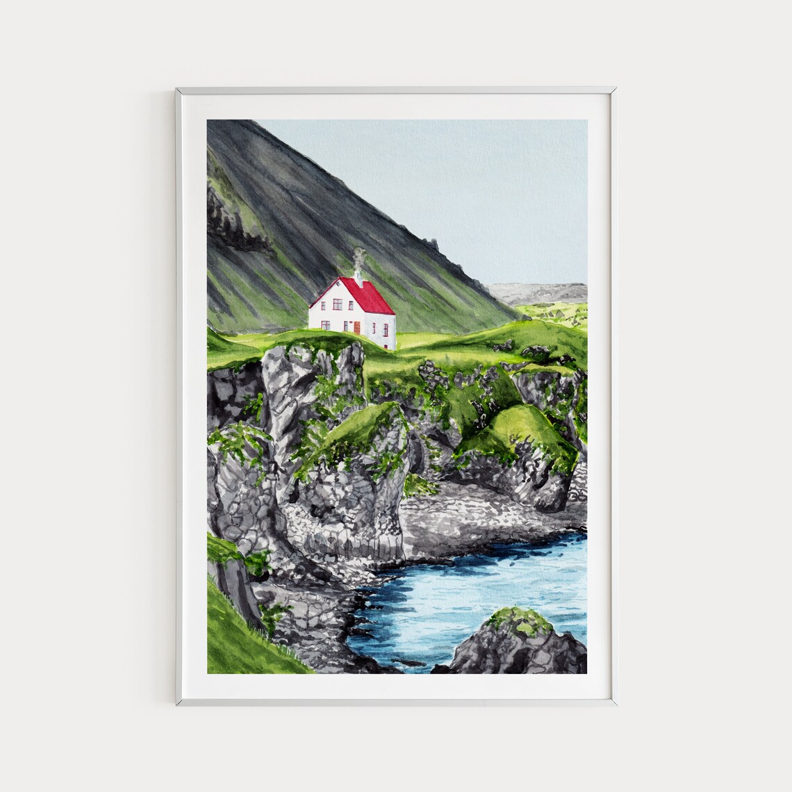Arnarstapi Iceland Red Roof House Cliff Coast Watercolor Poster