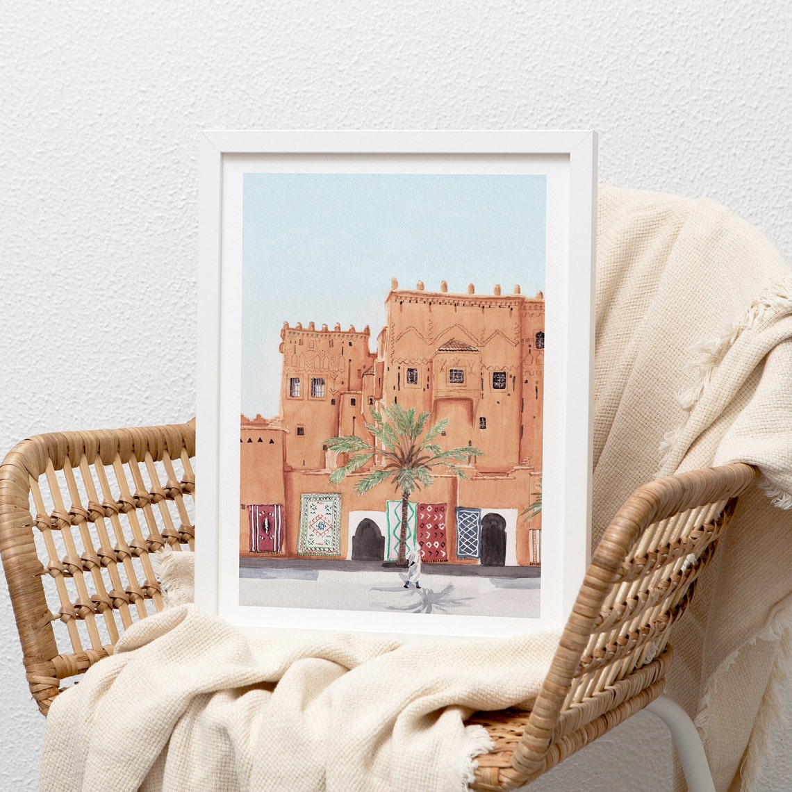 Ouarzazate Kasbah Adobe Palace Berber Rugs Morocco Watercolor Poster - Image 2
