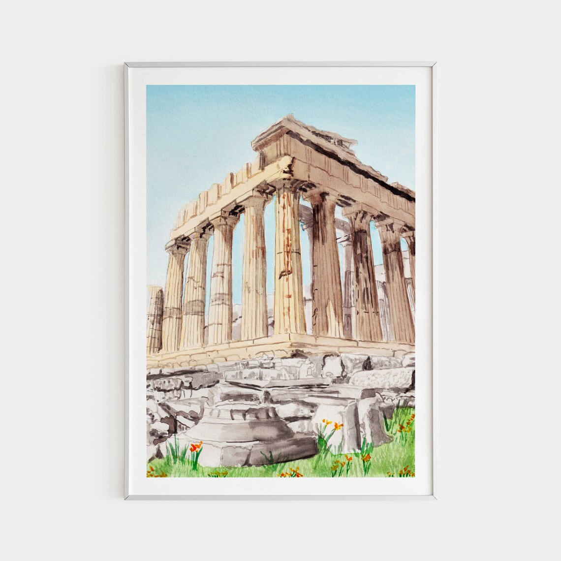 Parthenon Watercolor Travel Poster, Athens Greece