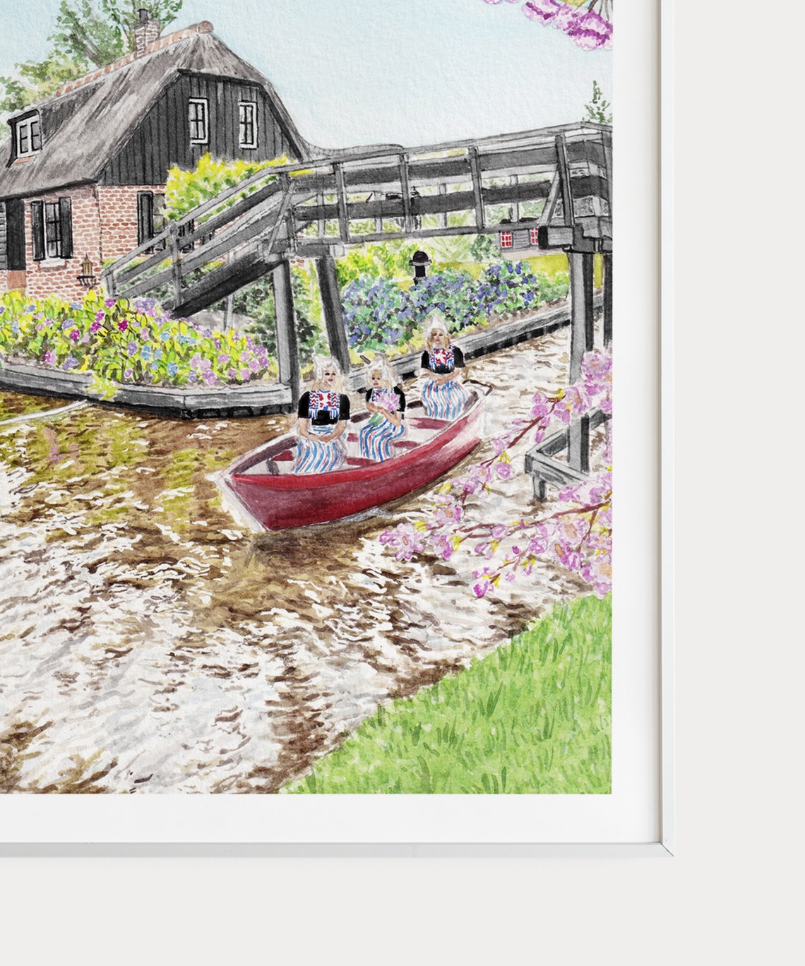 Giethoorn Netherlands Canal Red Boat Village Watercolor Poster - Image 3