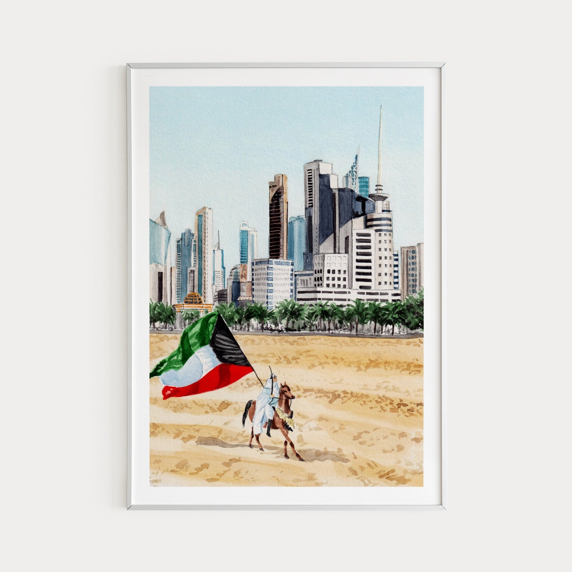 Kuwait City Skyline Watercolor Flag Horseman Desert Scene Poster