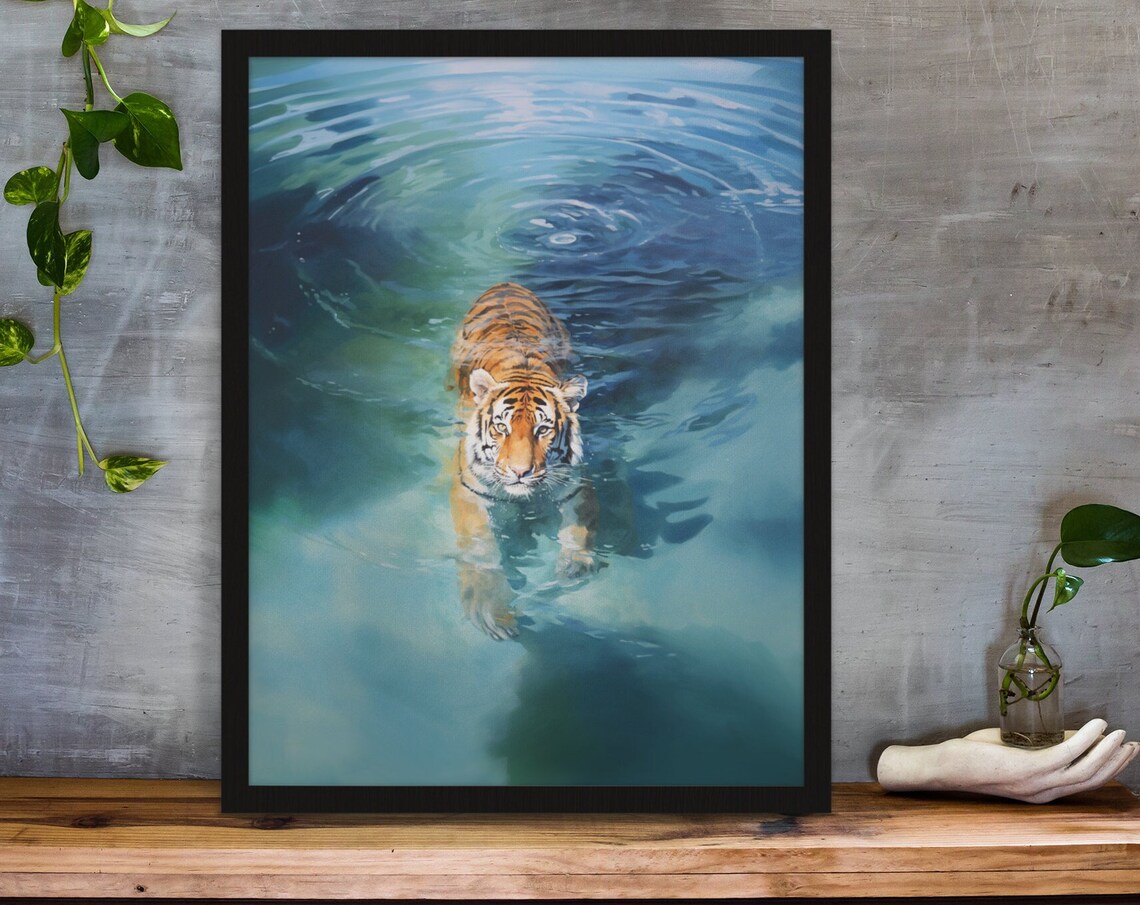 Tiger Swimming Turquoise Water Top View Blue Watercolor Art Print - Image 2