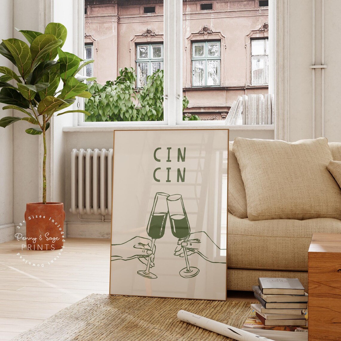 Cin Cin Champagne Flutes Green Line Toast Kitchen Bar Art Poster