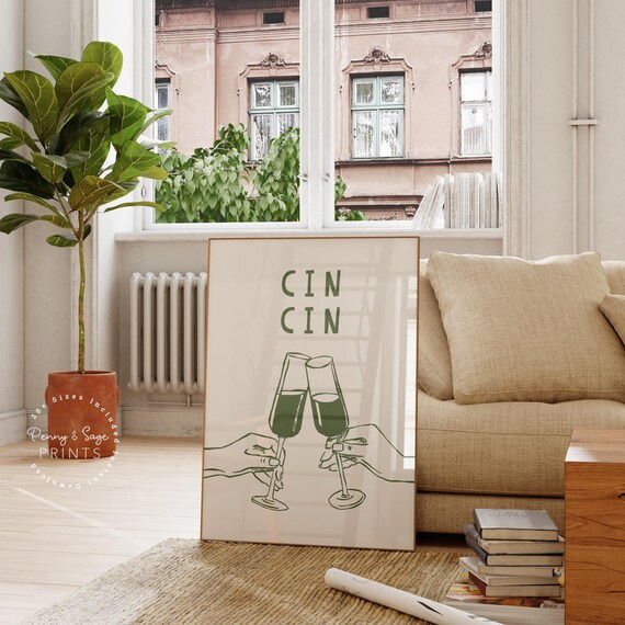 Cin Cin Champagne Flutes Green Line Toast Kitchen Bar Art Poster