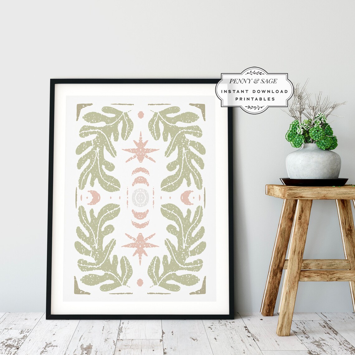 Sage Green Botanical Poster Matisse Leaf Star Moon Symmetrical Decor - Image 3
