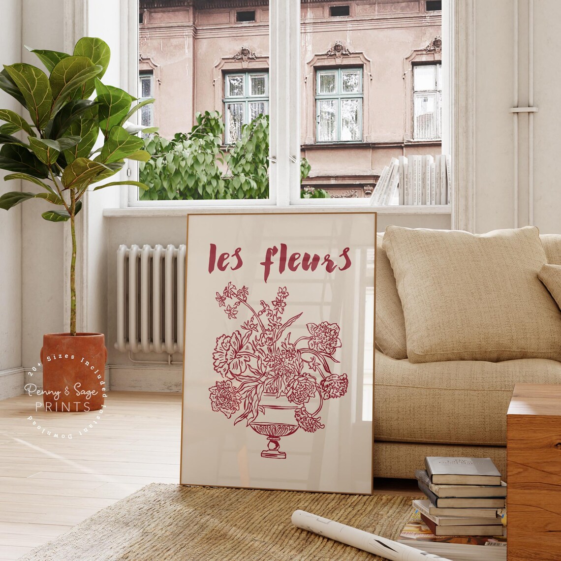 Les Fleurs Red Floral Vase Line Drawing French Vintage Style Poster