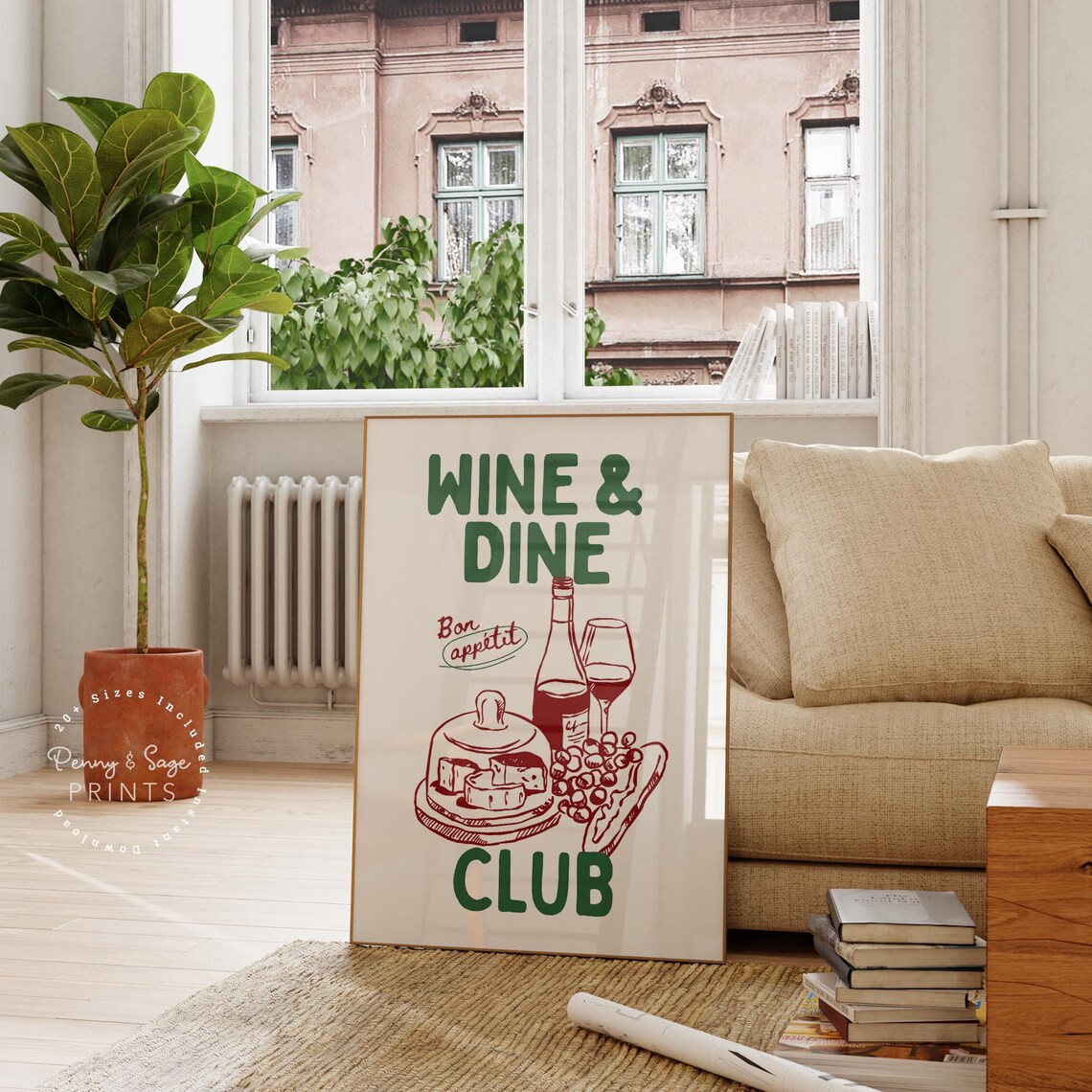 Wine and Dine Club Green Bon Appetit Wine and Cheese Kitchen Wall Art