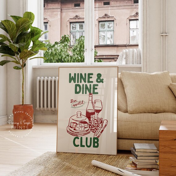 Wine and Dine Club Green Bon Appetit Wine and Cheese Kitchen Wall Art
