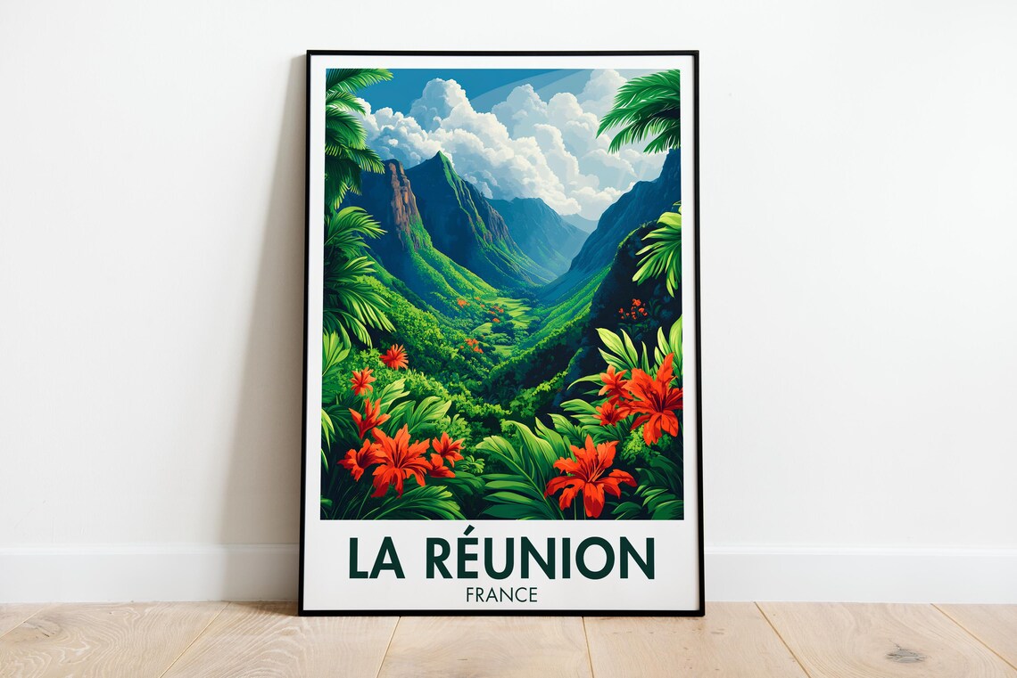 Reunion Island Travel Poster Cirque De Mafate Wall Art Ile De La Runion Print France Island Nature Decor Flowers Tree Painting