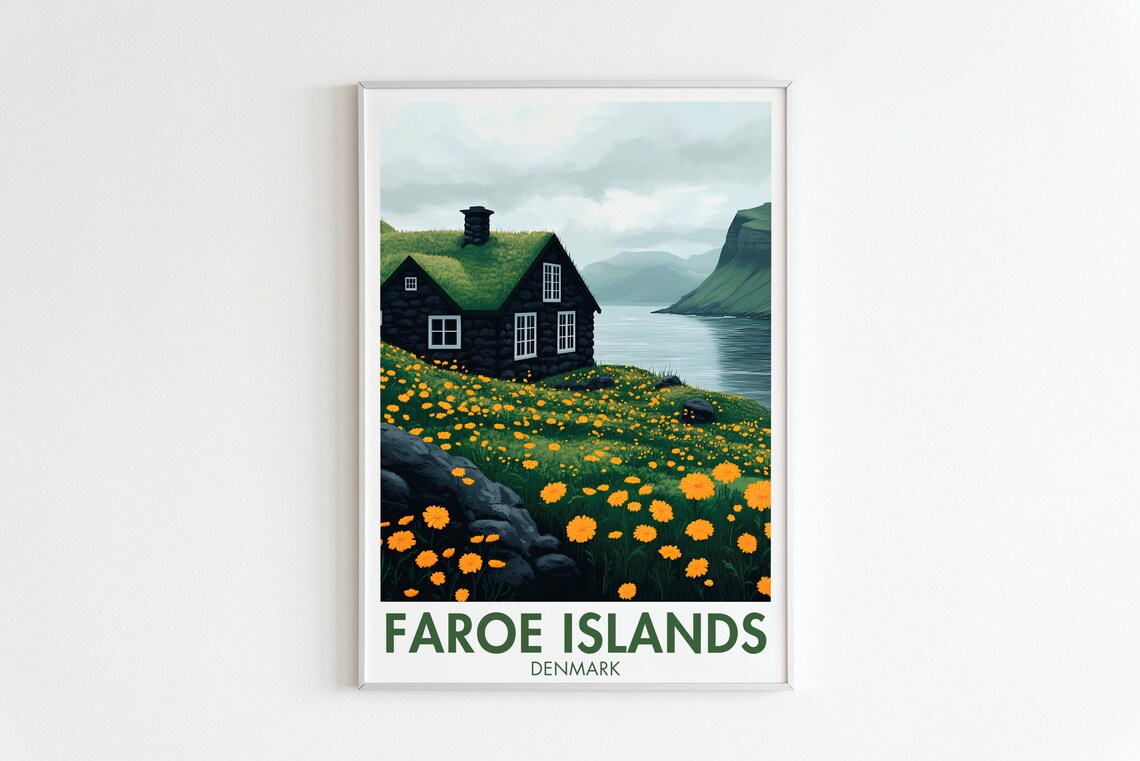 Faroe Travel Poster, Denmark Bay Village Print - Image 5