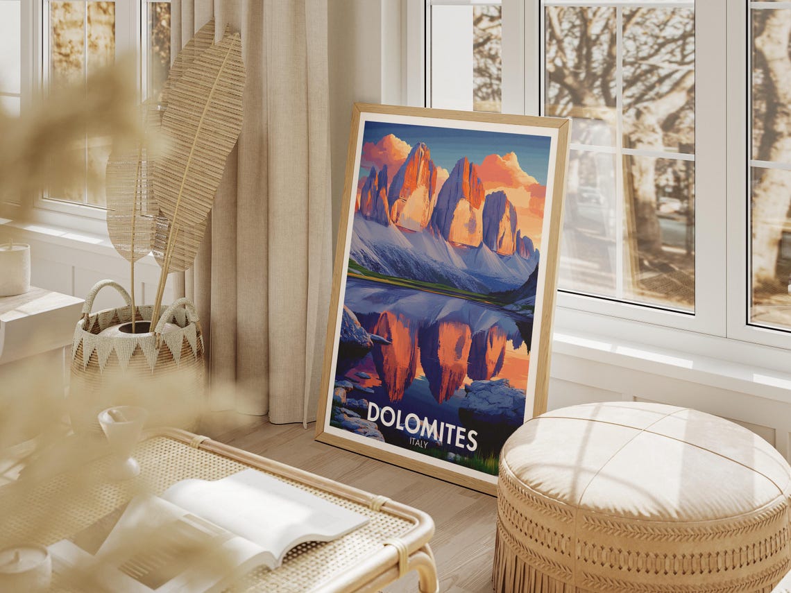 Dolomites Italy Tre Cime Sunset Mountain Lake Reflection Travel Poster - Image 4