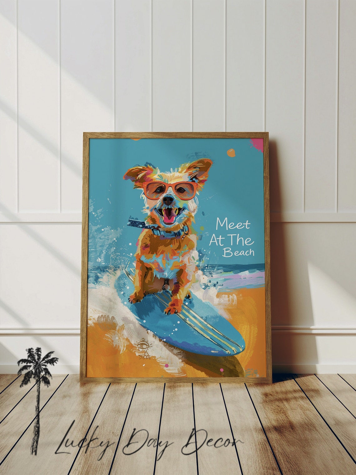 Meet At The Beach Surfing Dog Colorful Sunglasses Art Poster