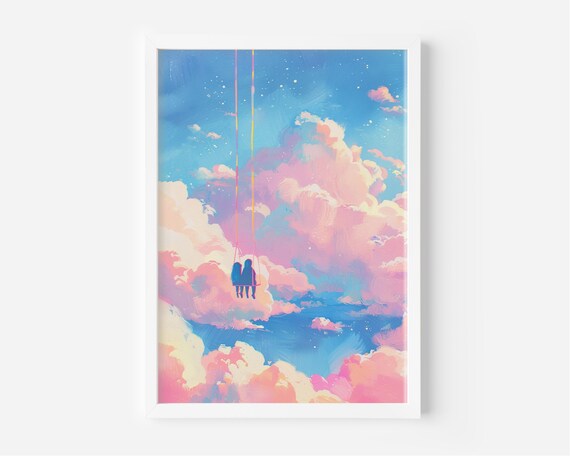 Couple Swinging Among Pink Clouds Dreamy Romantic Painting Poster
