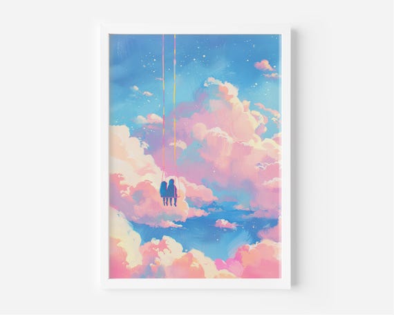 Up In The Vanilla Sky Dreamy Pastel Painting Inspirational Floating Clouds Whimsical Girl Childrens Nursery