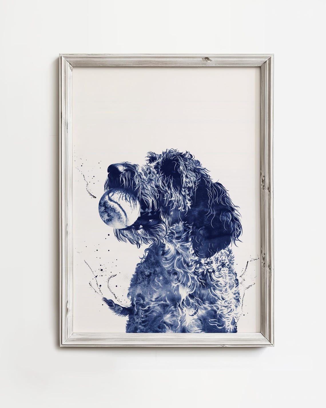Black Lab Dog With Tennis Ball Blue Ink Watercolor Sketch Poster
