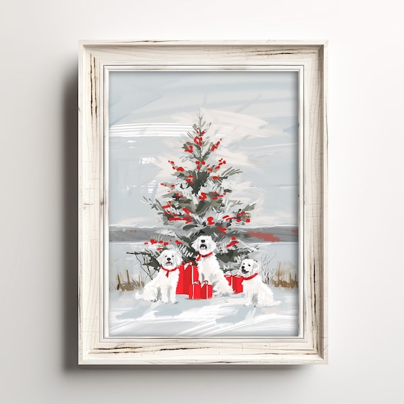 Dogs Love Christmas White Puppies Snow Poster Holiday Dog Humor Decor
