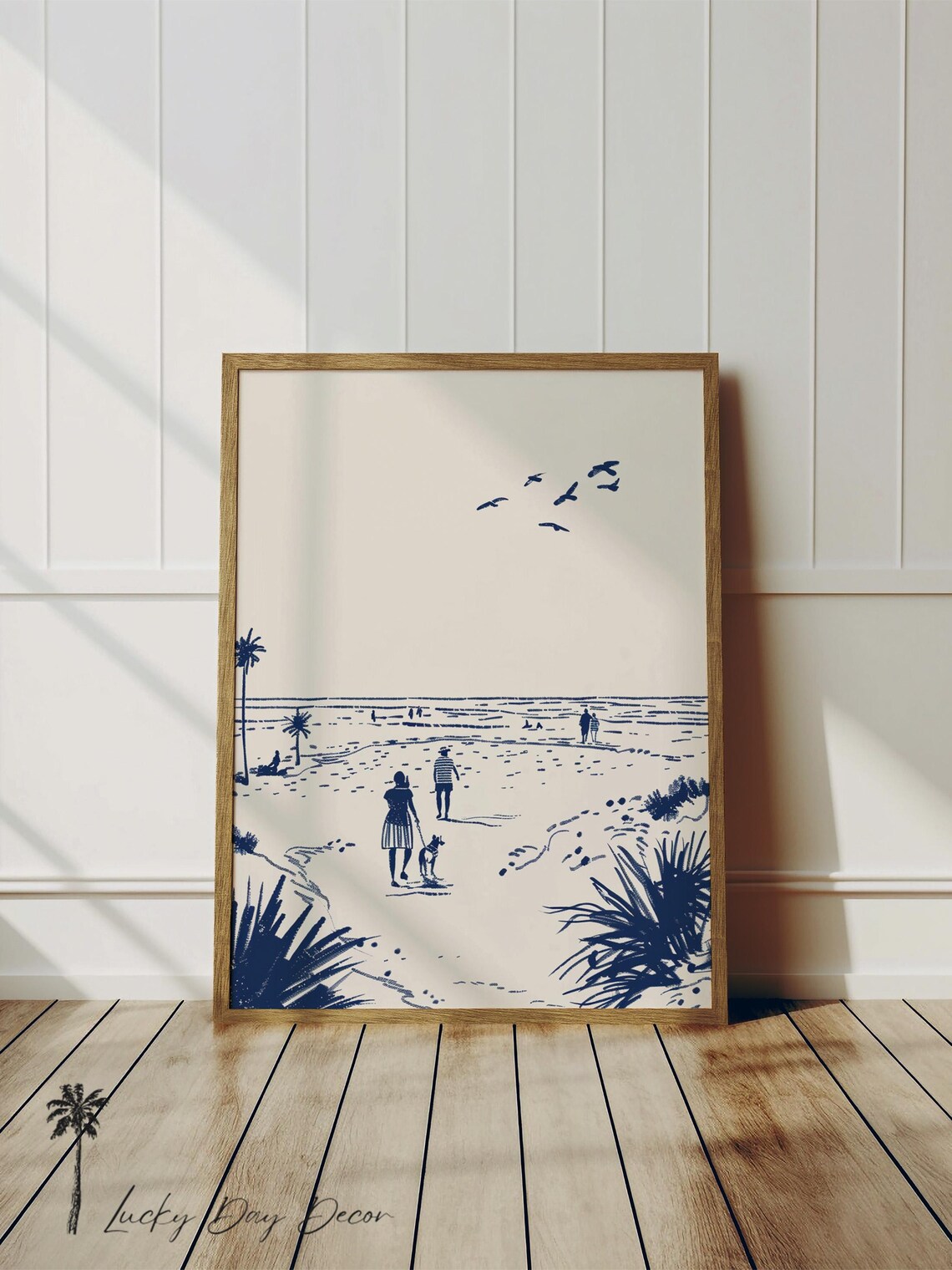 Beach Dog Walkers Minimalist Sketch Art Print