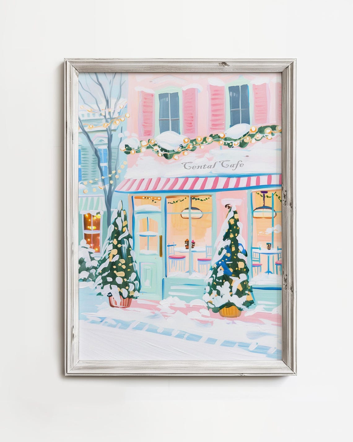 Snowy Christmas Cafe Retro Pastel Pink Winter Cityscape Poster