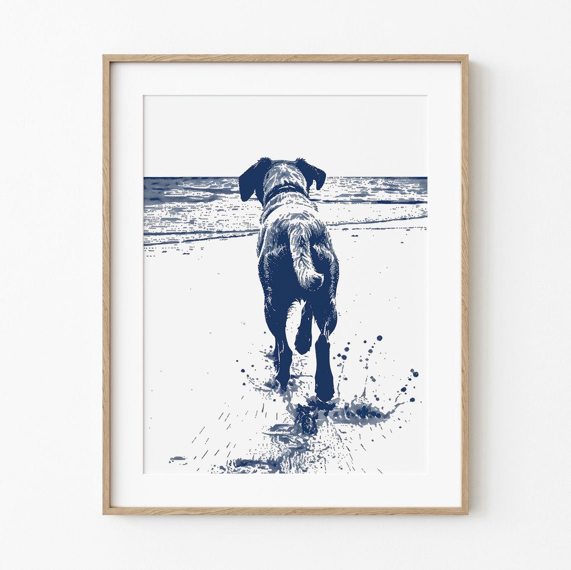 Labrador Running Beach From Behind Navy Ink Coastal Dog Art Poster