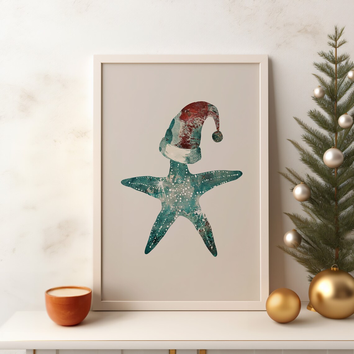 Sea Life Christmas Starfish Festive Wall Art Print