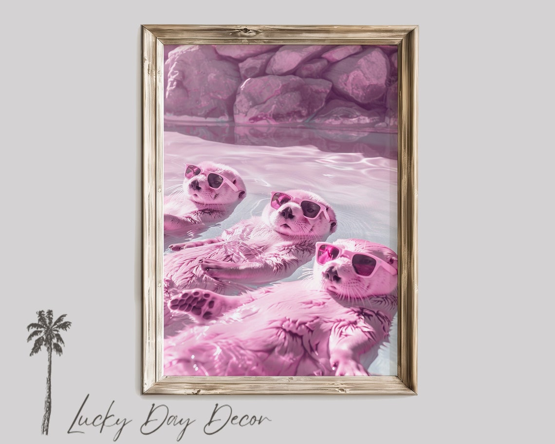 Three Sea Otters Floating With Pink Sunglasses in Pastel Water Poster