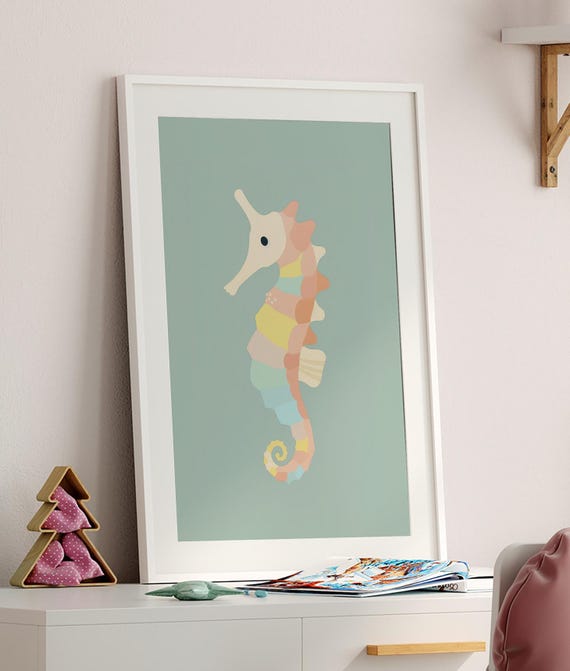 Sea Life Nursery Cute Seahorse Pastel Art Simple Childrens Room Kids Wall Decor Coastal Home