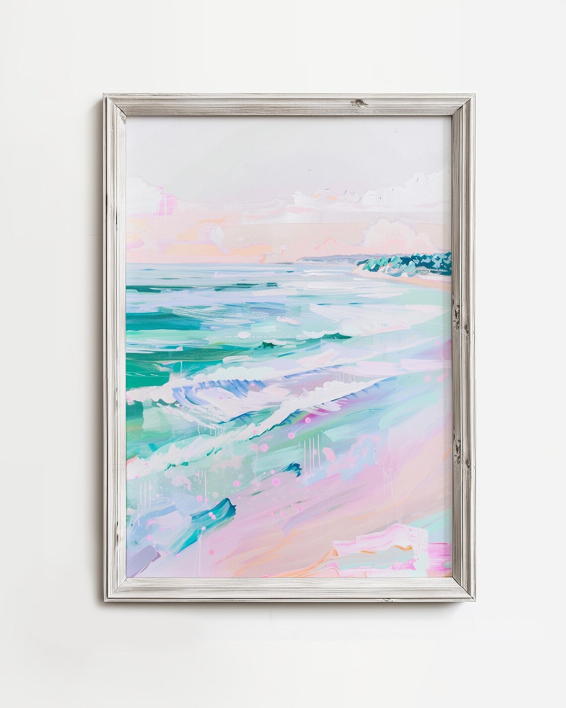 Pastel Ocean Waves Cresting Painting Colorful Beach Landscape Art Poster