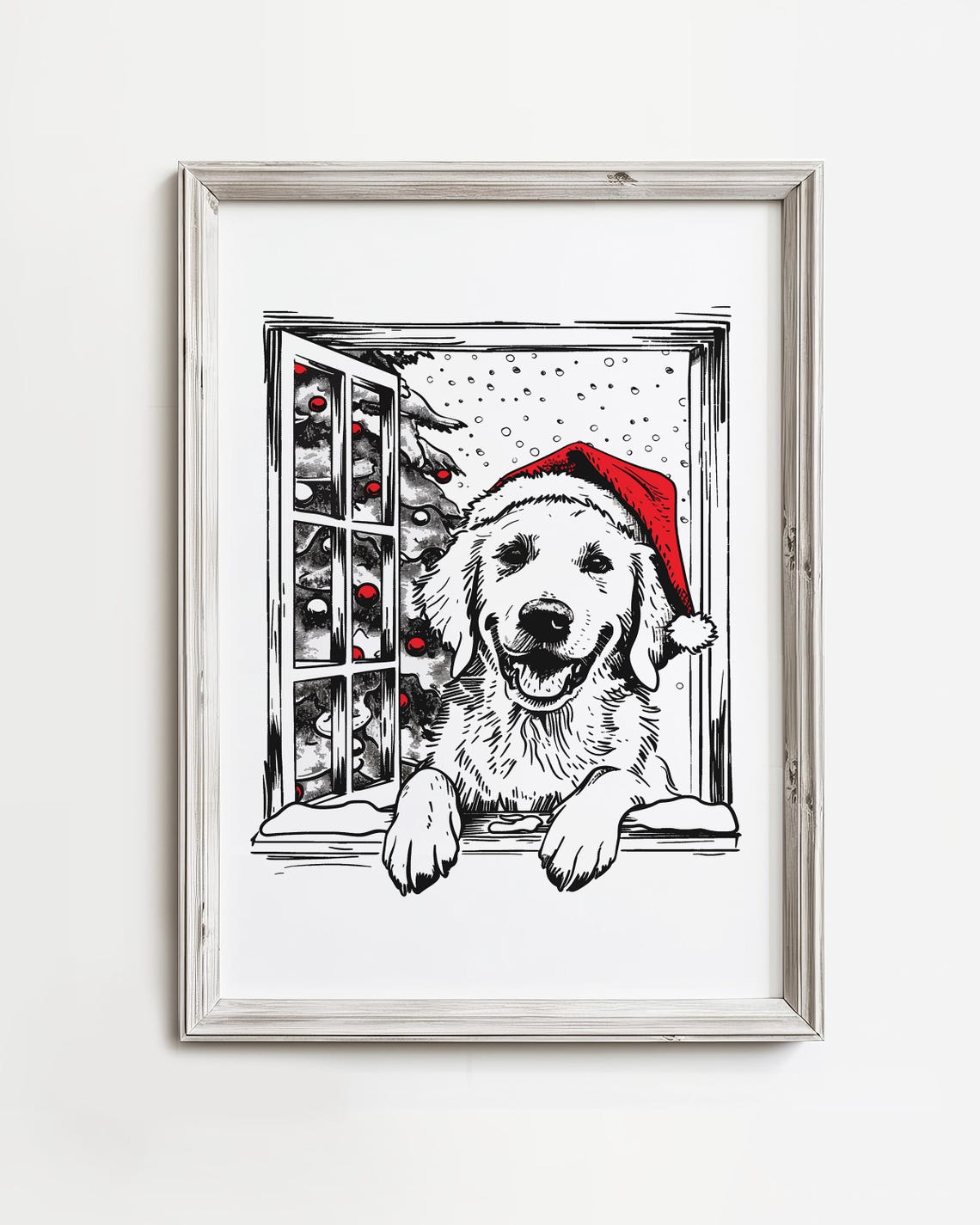 Christmas Golden Retriever Santa Hat Snowy Window Art Poster