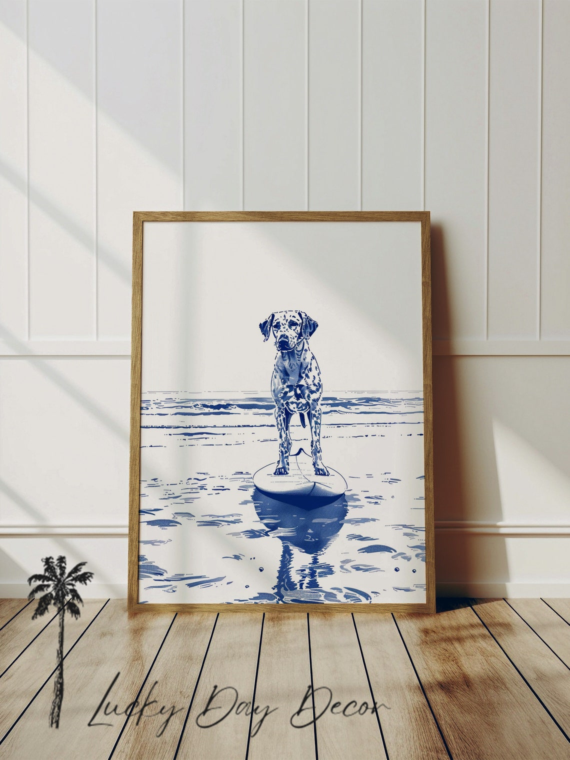 Dalmatian On Surfboard Blue Line Art Coastal Surf Dog Beach Fun Poster
