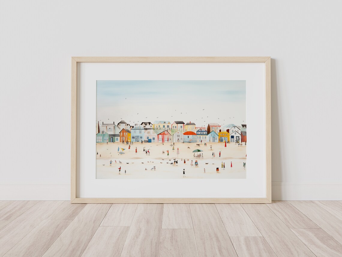 Whimsical Beach Town Painting Tiny Figures Colorful Huts Coastal Art Poster