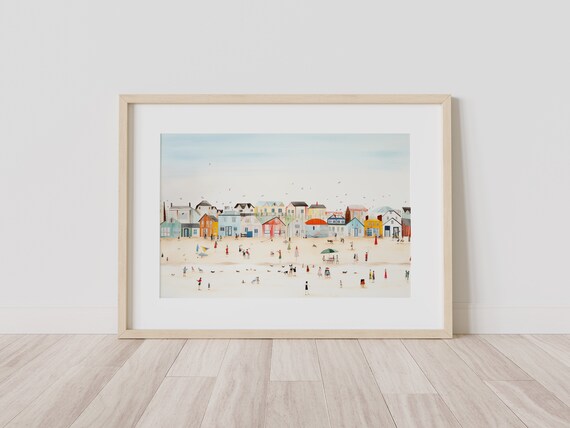 Whimsical Beach Town Painting Tiny Figures Colorful Huts Coastal Art Poster