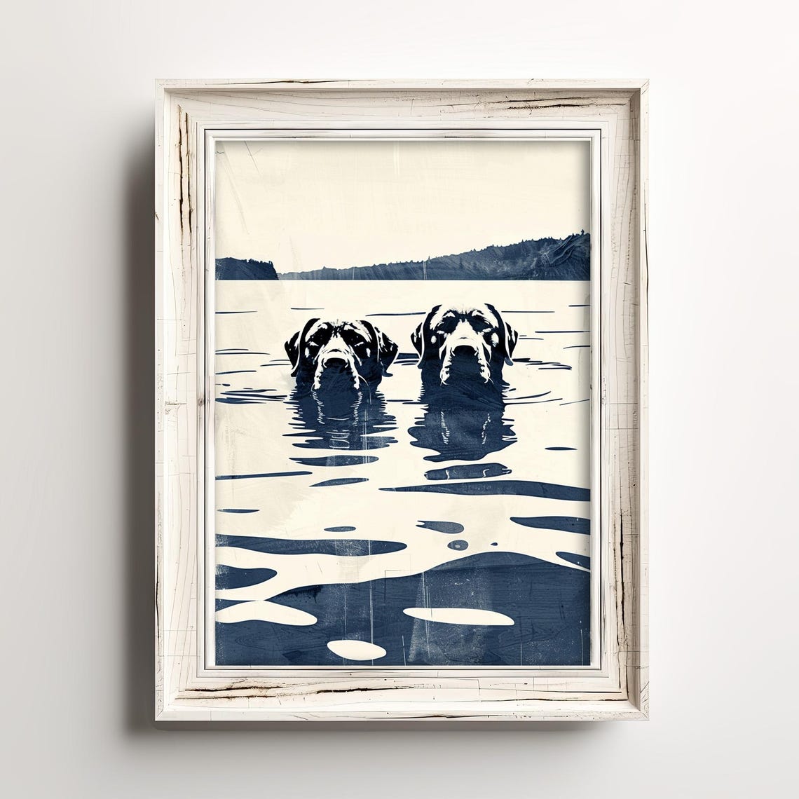 Swimming Dogs In Lake Navy Blue Ink Sketch Coastal Dog Poster