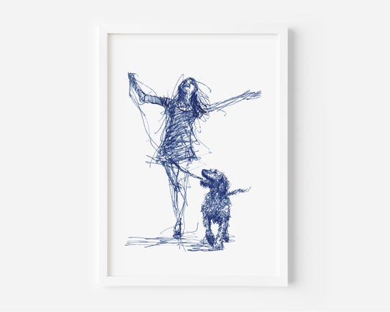 Glamorous Doodle Dog Day Happy Mom Art Girls Walker Print Minimalist Wall Decor Navy Blue Line Sketch