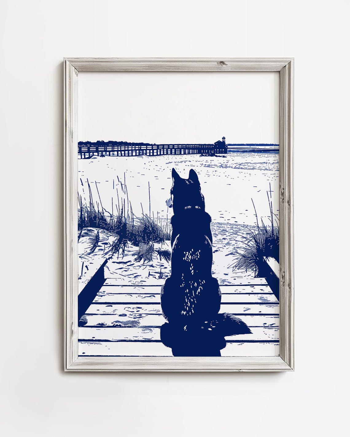 Dog Lookout Beach Boardwalk Navy Ink Silhouette Fun Art Poster