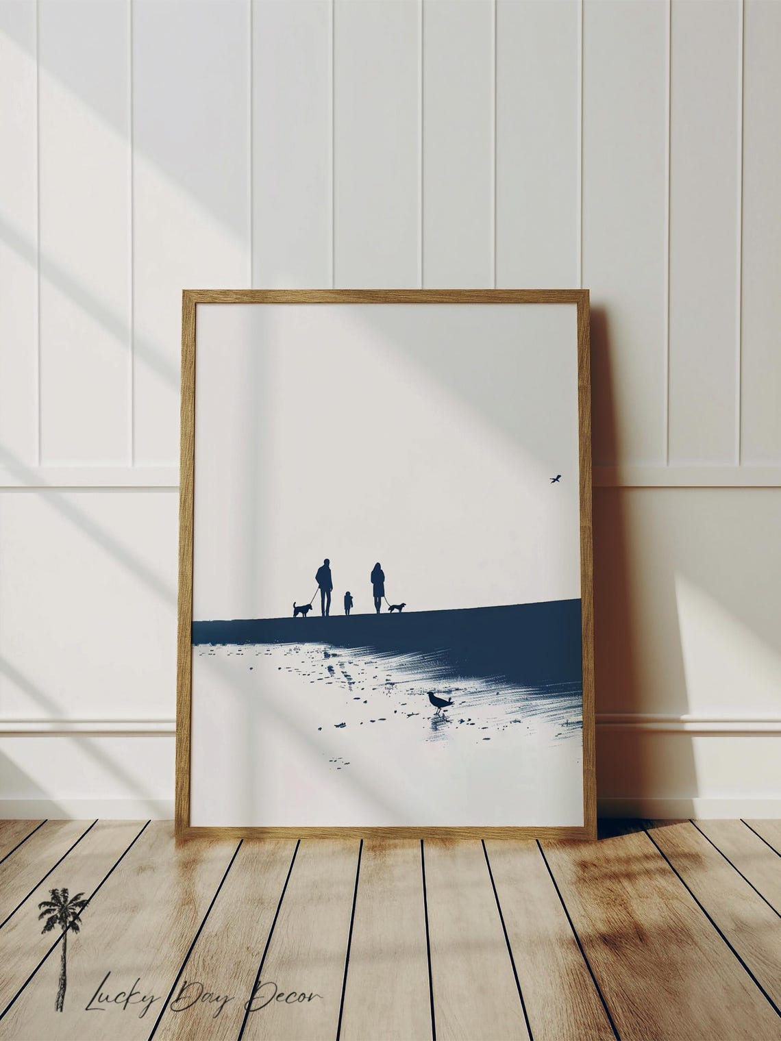 Coastal Dog Walk Sketch Simplistic Artwork Minimalist Blue White Print Sand Waves Ocean Beach