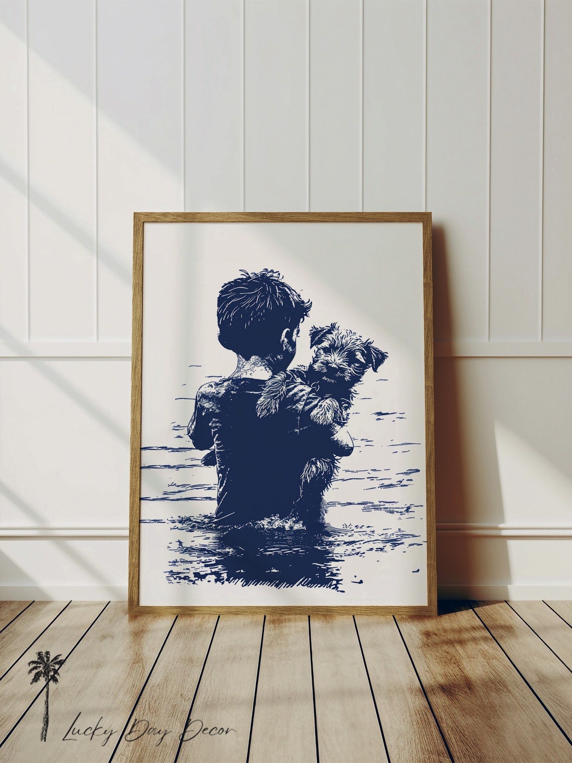 Boy Holding Puppy in the Waves Blue Ink Sketch Nursery Wall Art