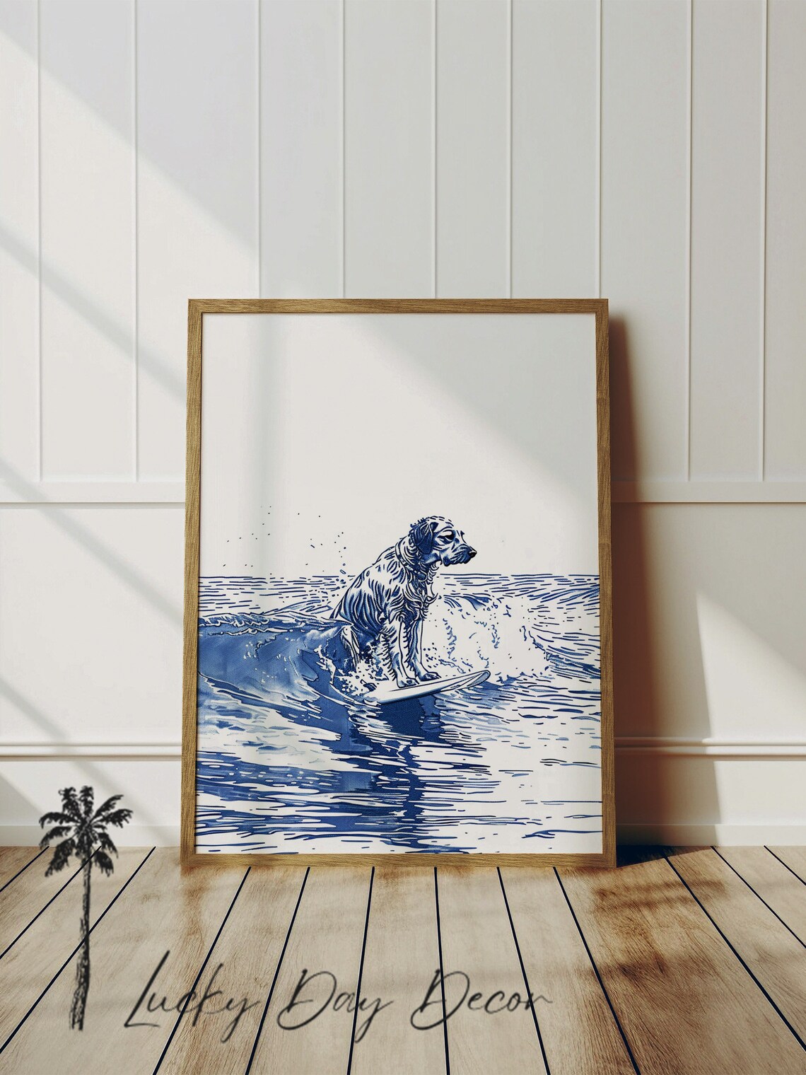 Labrador Riding the Surf Wave Blue Ink Coastal Dog Art Print