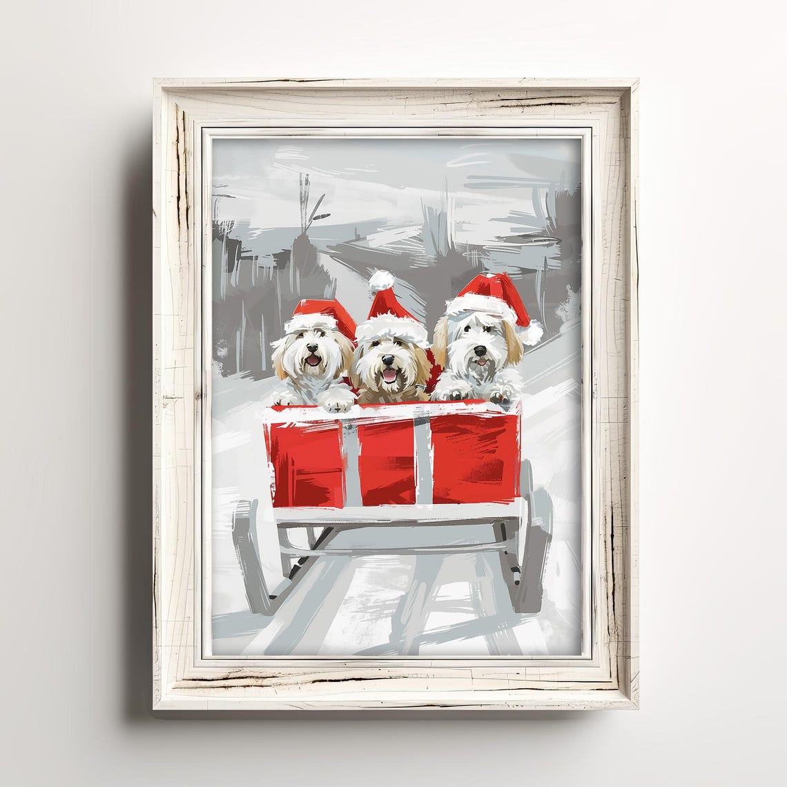 Three Dogs in Santa Hats Riding Red Sleigh Snowy Christmas Poster