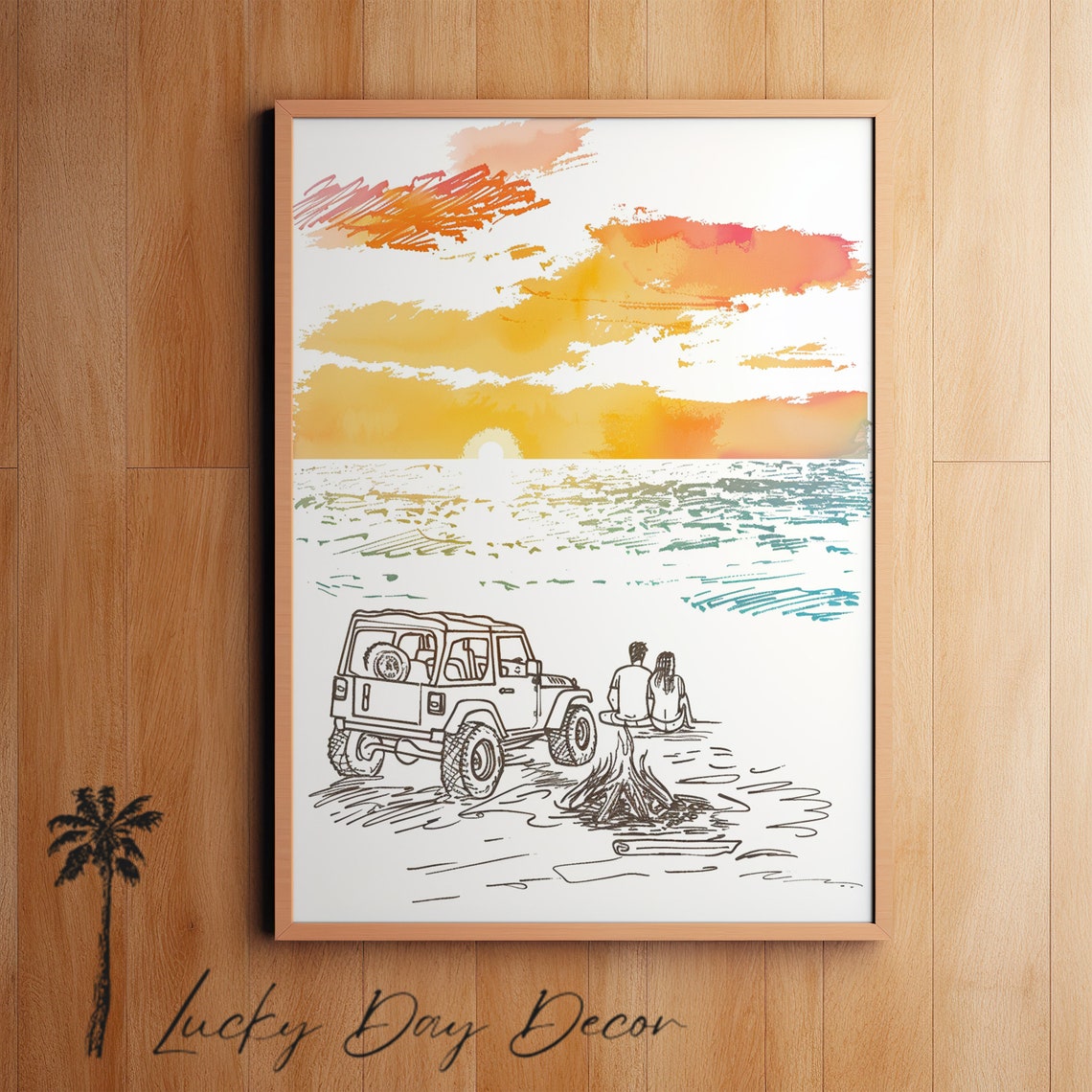 Beach Sunset Campfire Couple With Jeep Watercolor Line Art Poster