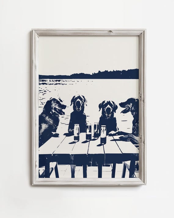 Happy Dogs On Hour Funny Coastal Dog Art Summertime Beach Cottage Decor Blue Sketch