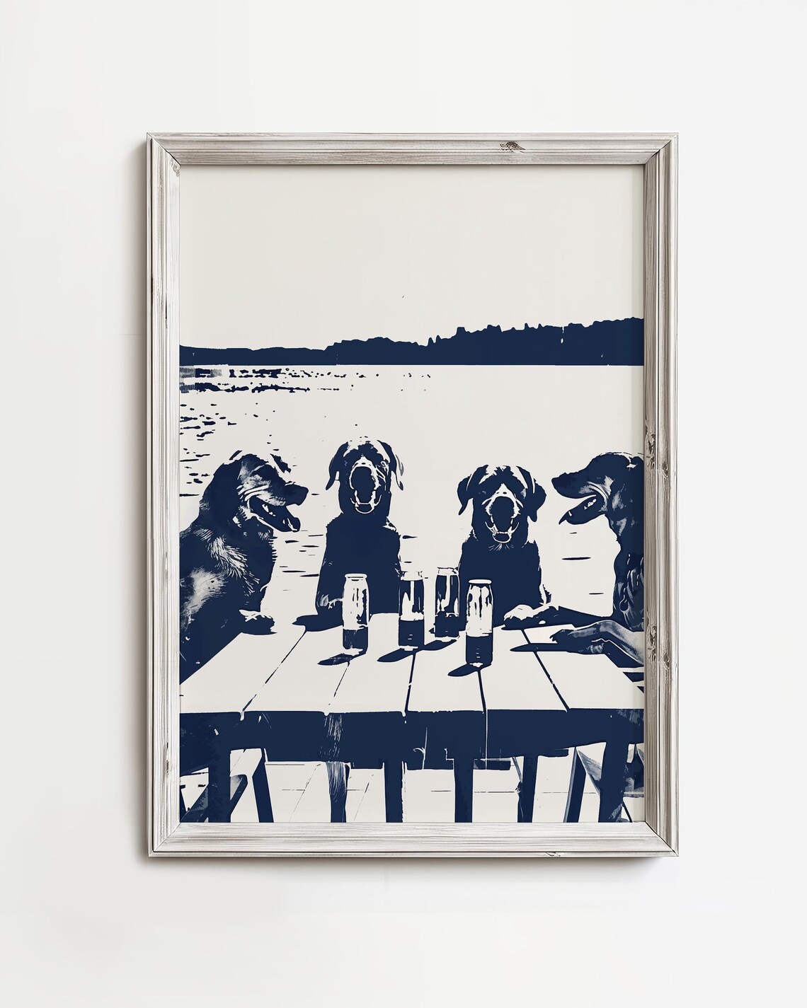 Four Happy Dogs Happy Hour Beach Picnic Navy Two Tone Dog Poster